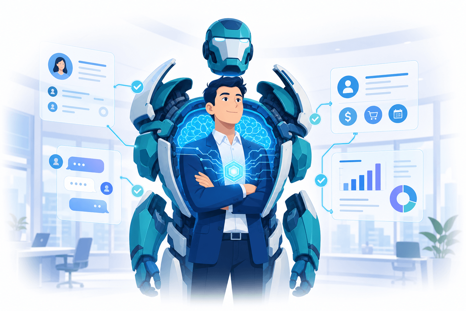 AI 大脑驱动 B-Suite 机甲身体处理业务示意图