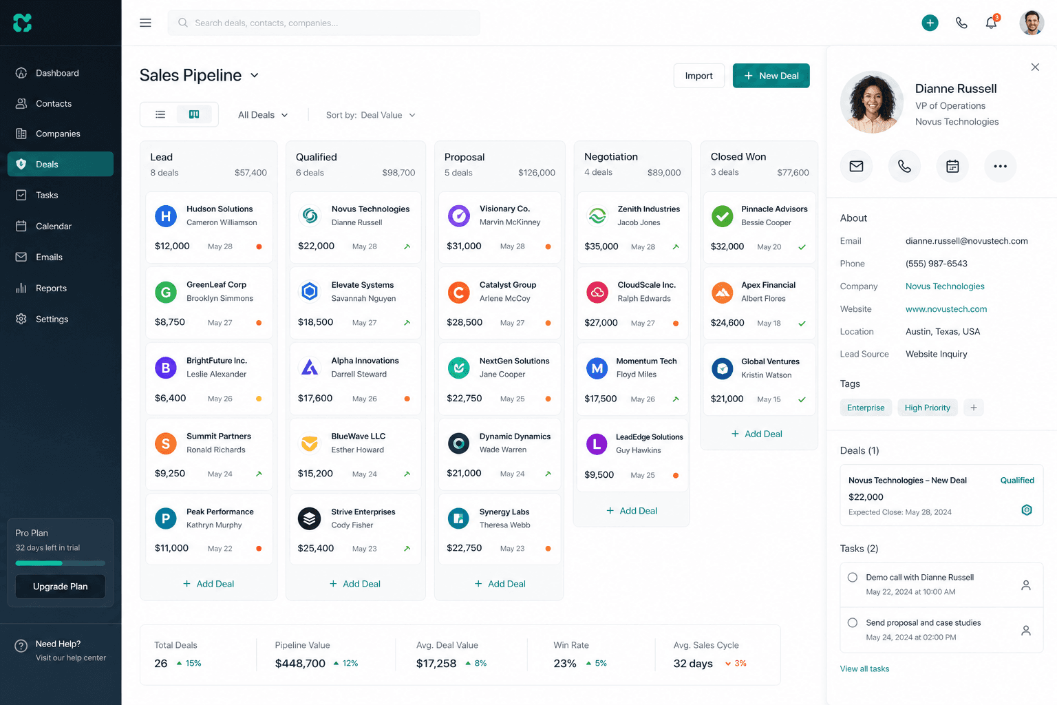 CRM and sales pipeline interface