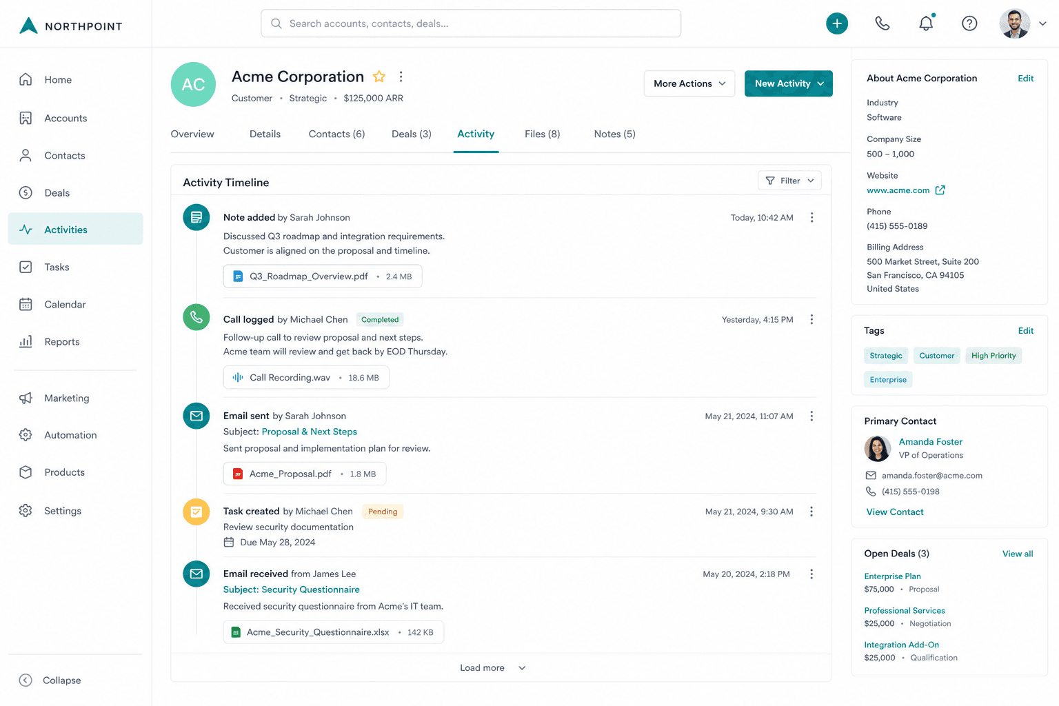 Activity timeline with notes, calls, and tasks