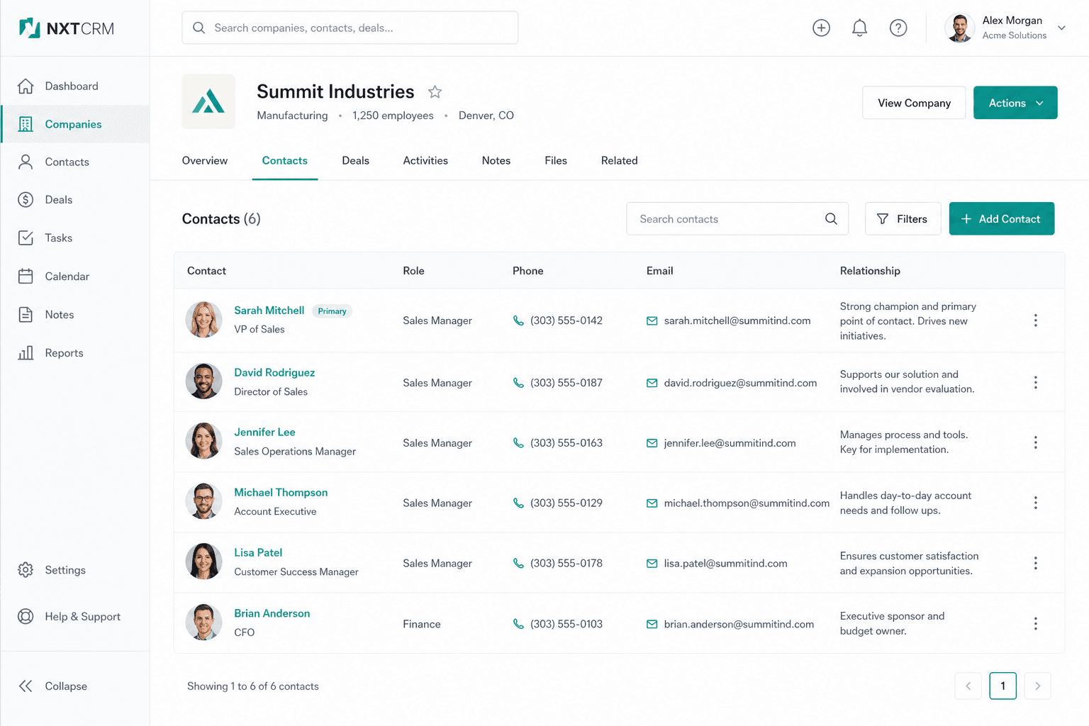 Contacts tab with primary contact and roles