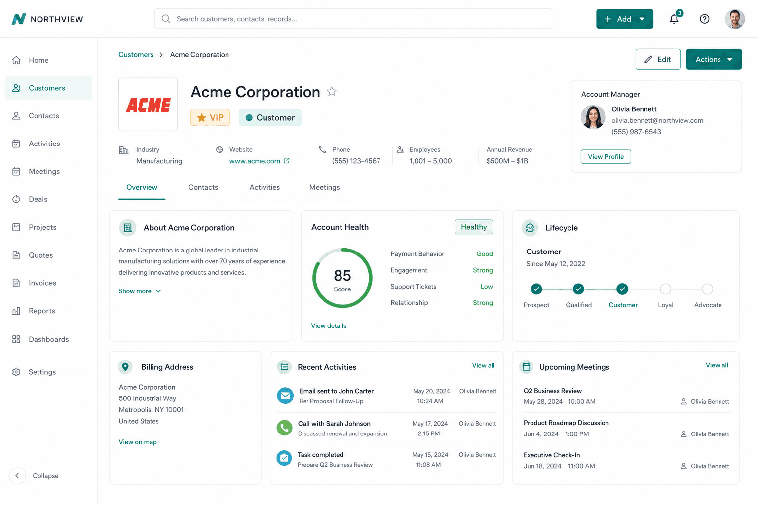 Customer overview with company details and tags