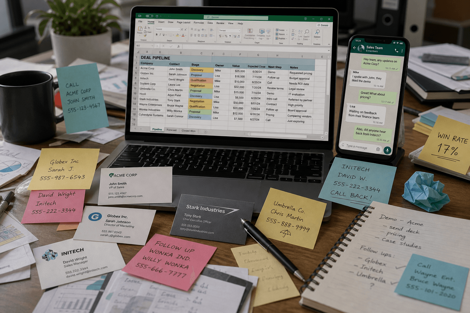 Scattered contacts, deal sheets, and messaging apps
