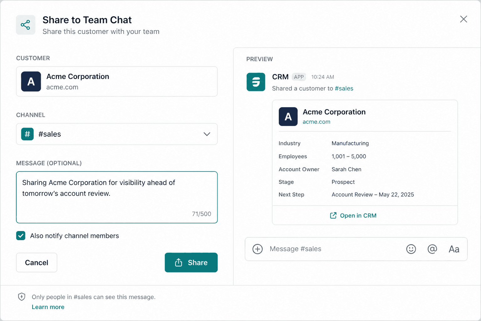Share customer card into a Team Chat channel