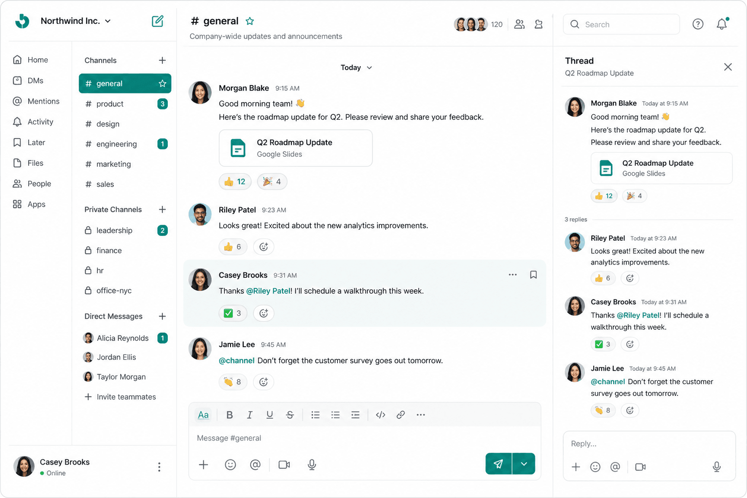 Team Chat channel list with #general and unread badges