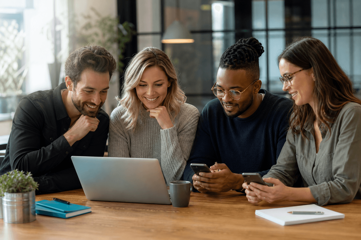 Team collaborating with internal chat on laptop and phones