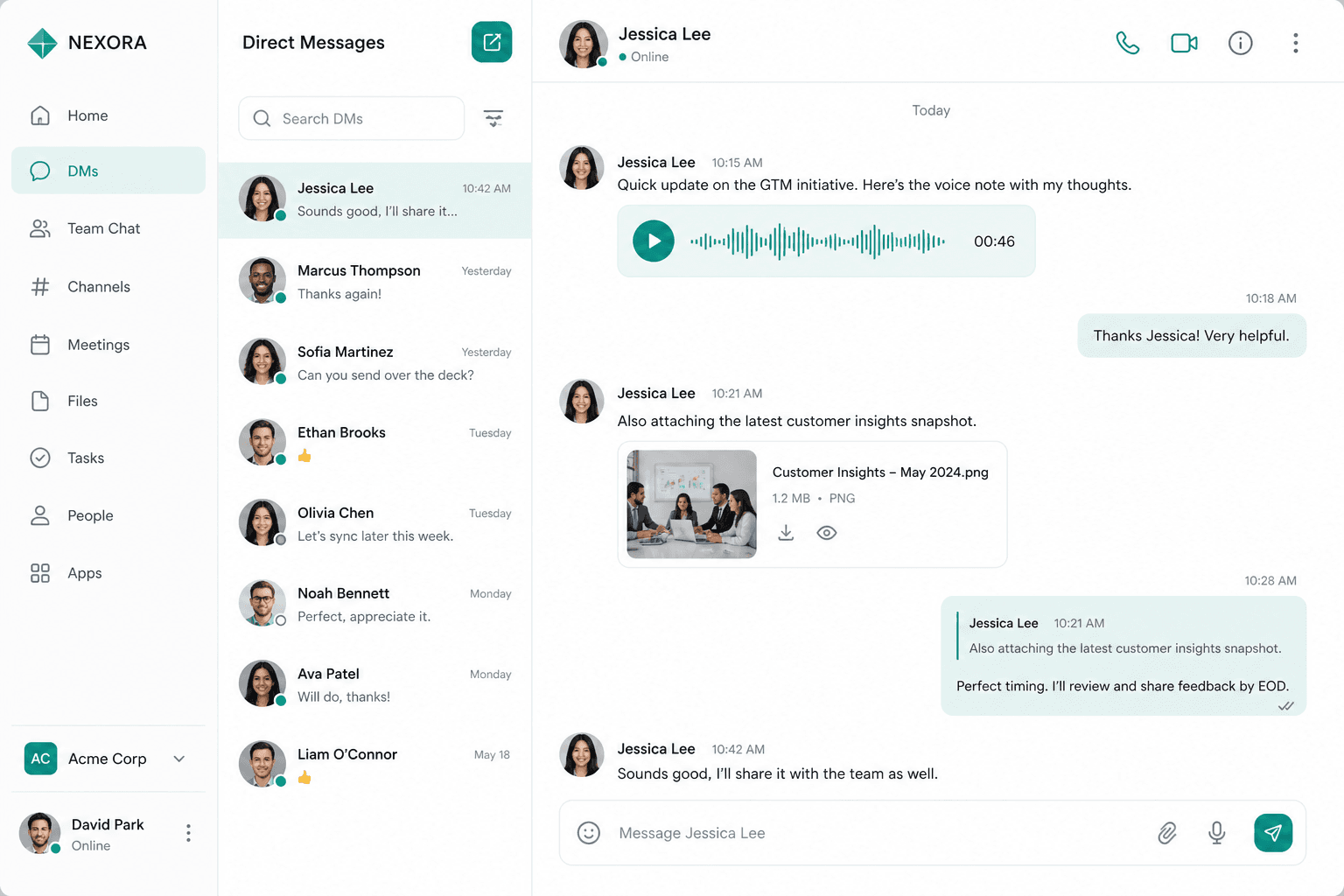 DM with voice message, quote reply, and attachments