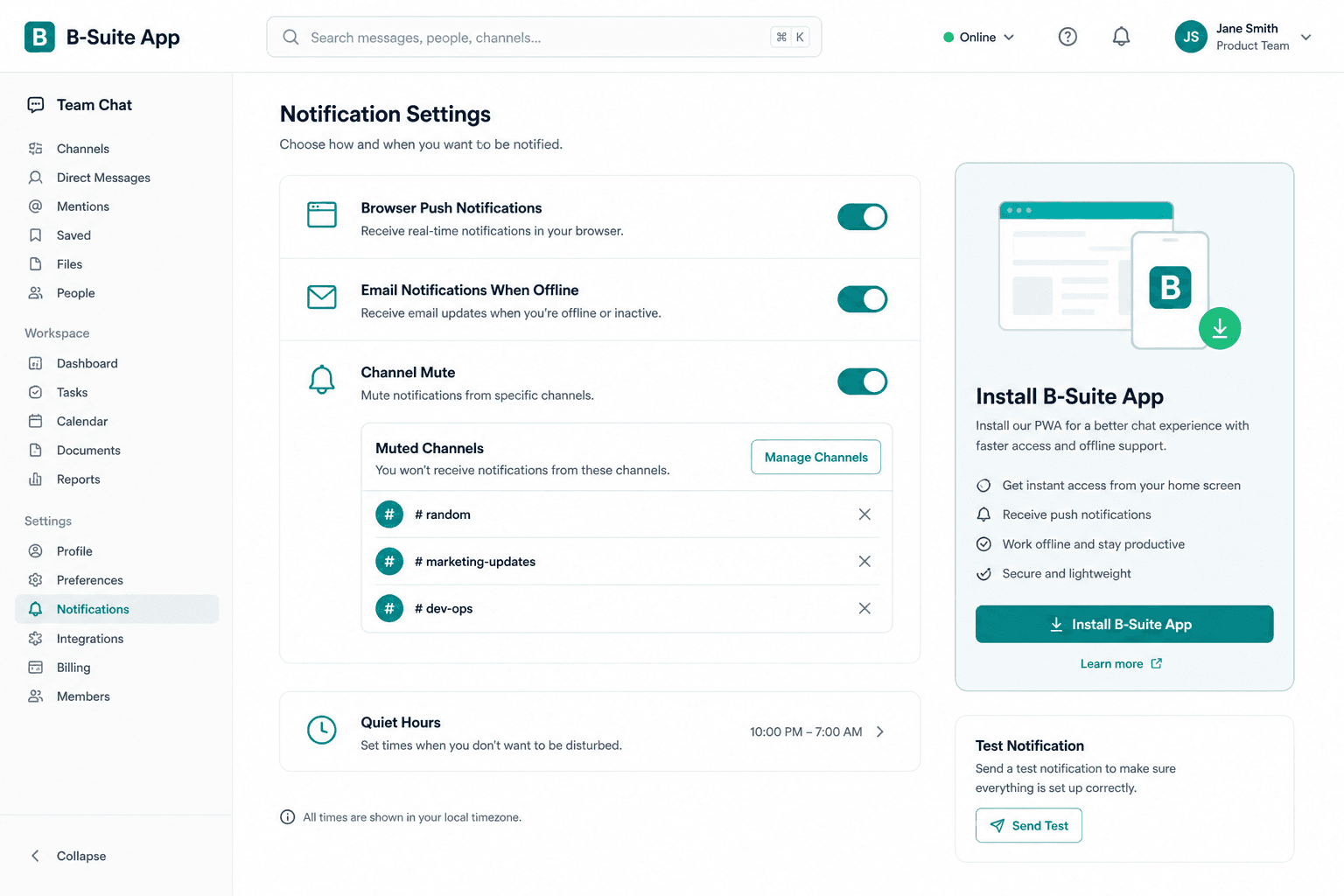 Notification settings for push, browser, and email