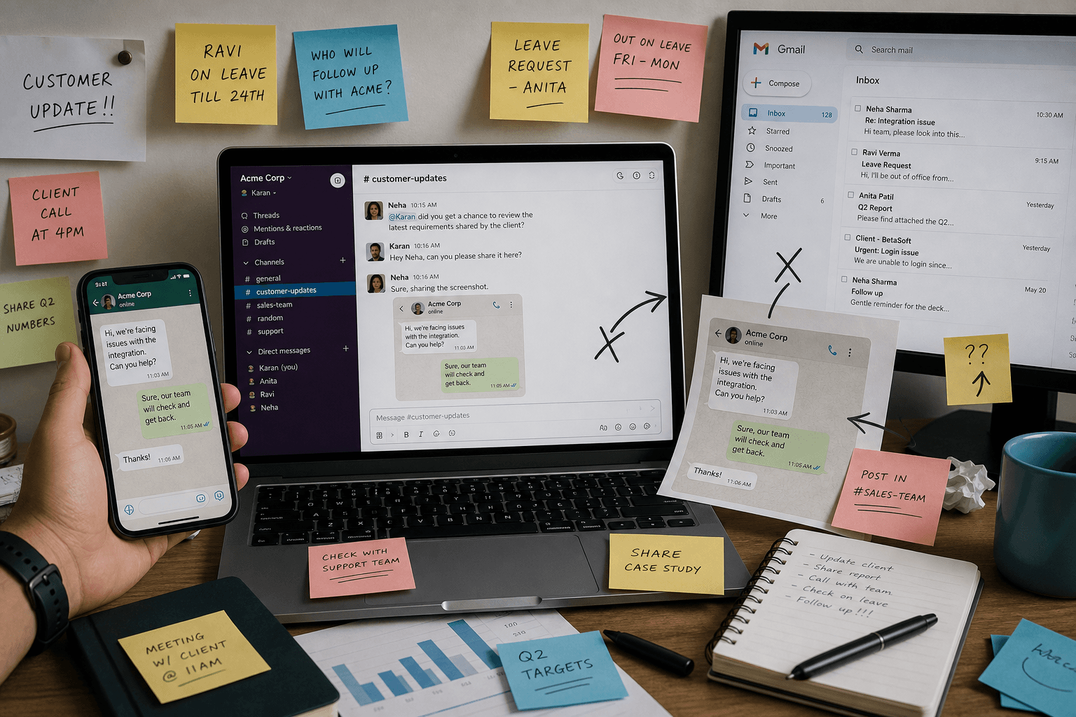 Fragmented workplace chat across phones, Slack, and email