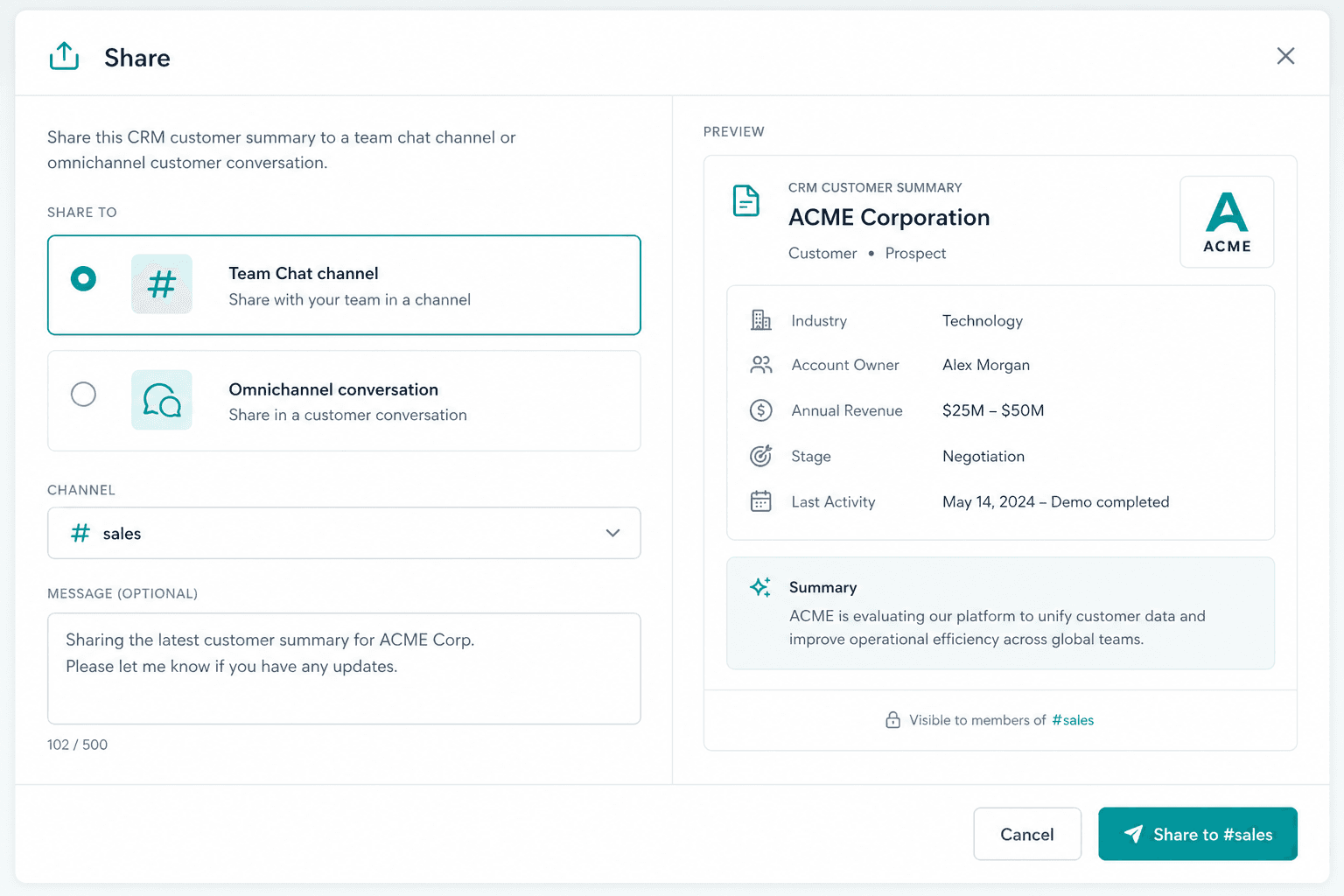 Share customer or CRM context into a Team Chat channel