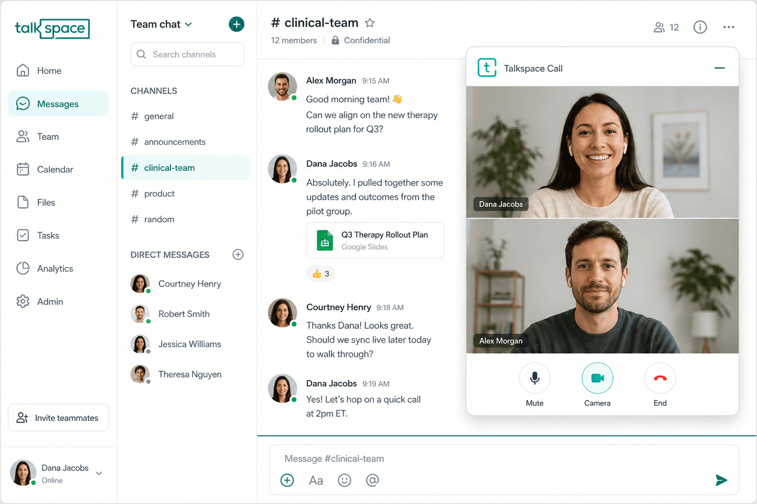 Talkspace floating voice and video call in Team Chat