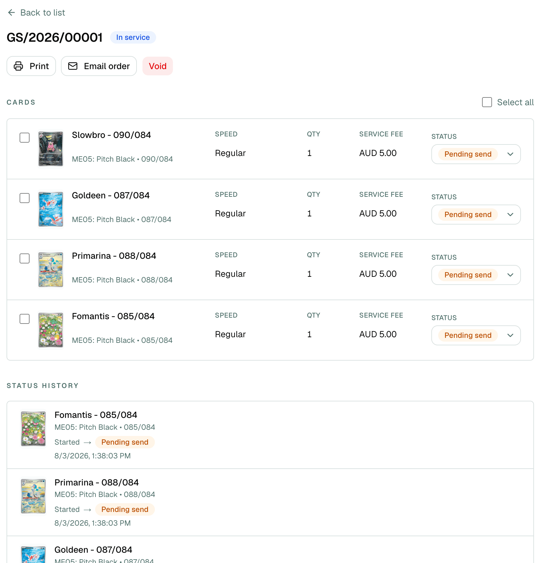 Grading order screen tracking each card’s status and history