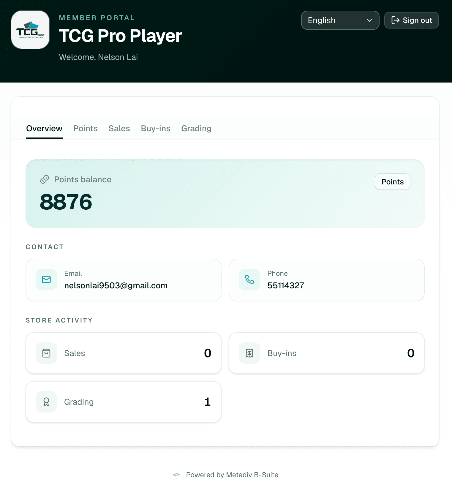 Member portal showing points balance and store activity