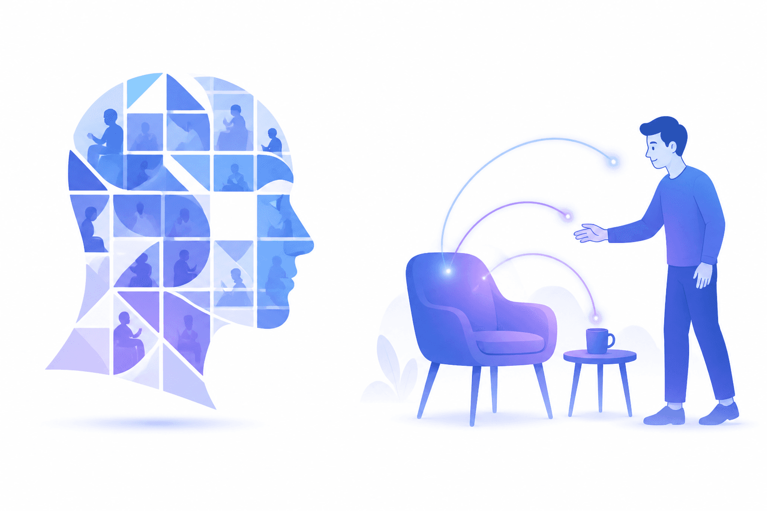 对比「只会镜像模仿的 AI」与「靠行动理解世界的人」的示意插图