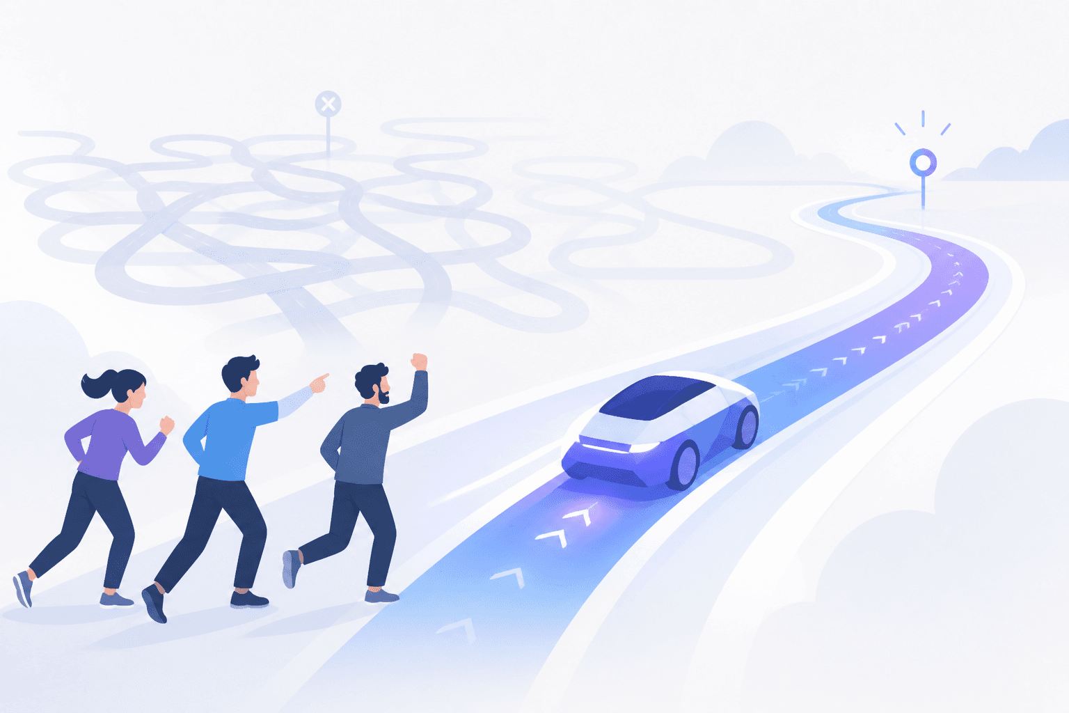 一辆 AI「领跑车」流程领先于一团全面开战计划的示意插图