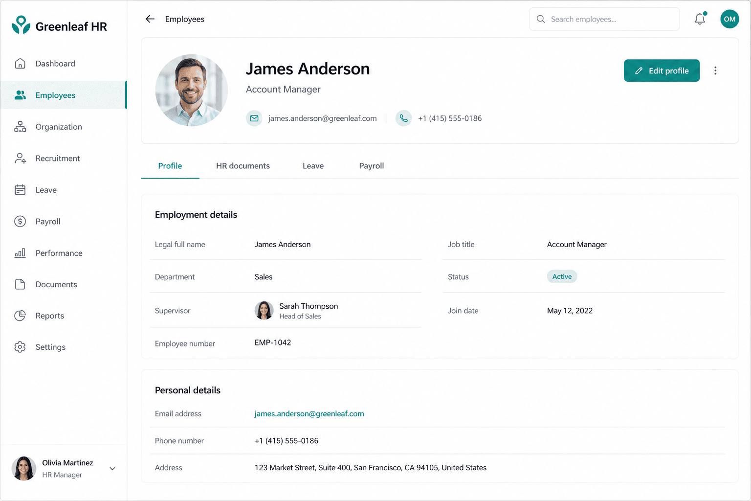 Employee profile with employment and personal details