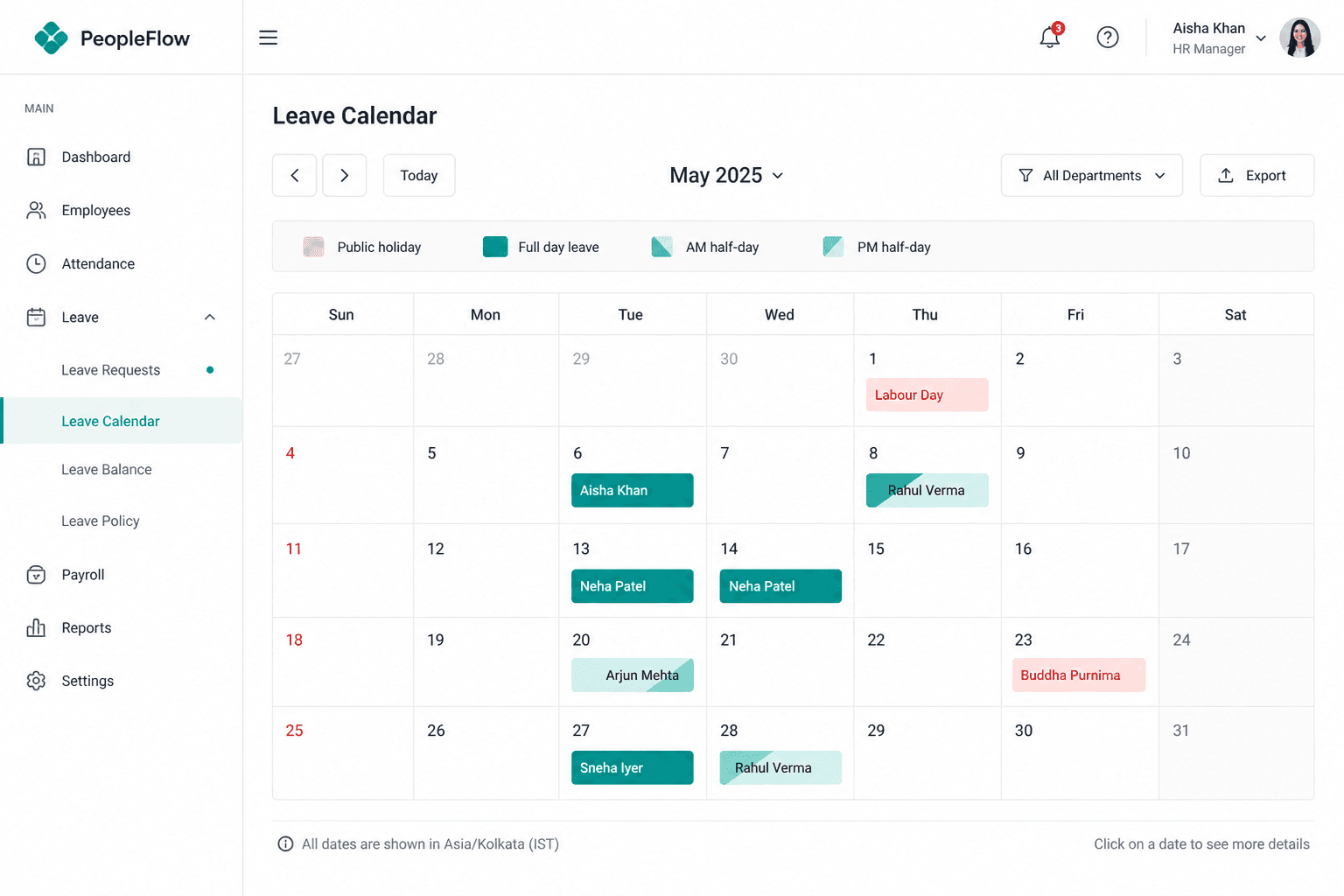 Leave calendar with public holidays and approved leave
