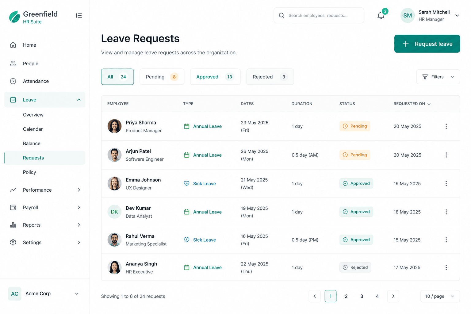 Leave requests list with pending and approved statuses