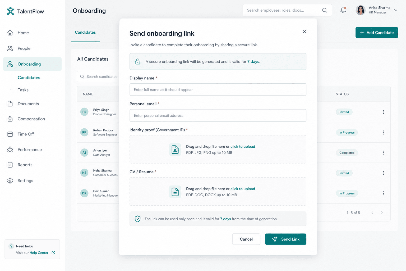 Secure onboarding link for candidates to submit ID and CV