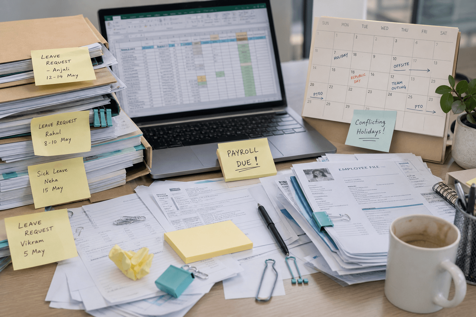 Scattered HR paperwork, leave notes, and spreadsheets