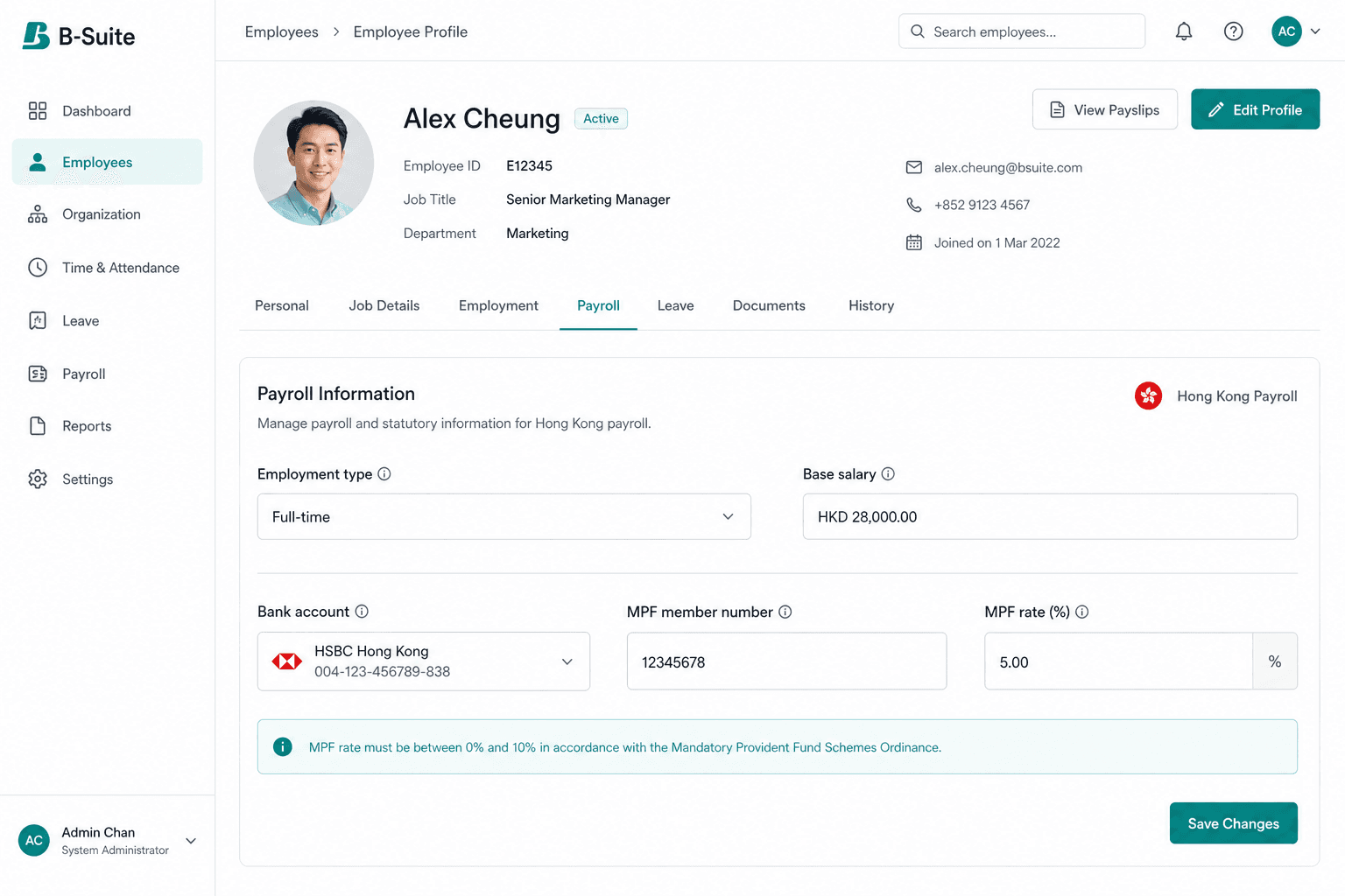 Employee payroll tab with salary, bank, and MPF fields