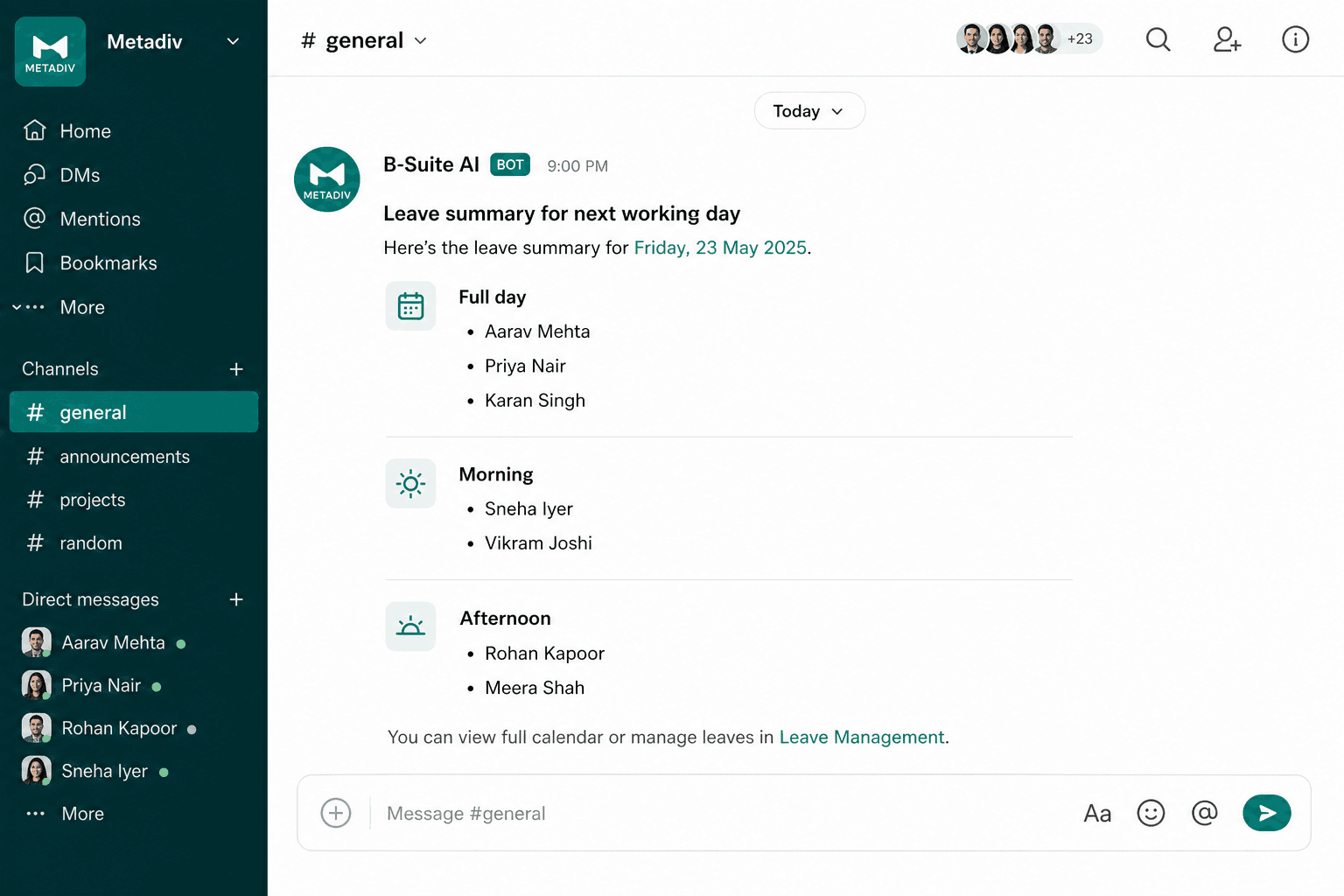 Team Chat daily leave summary from B-Suite AI