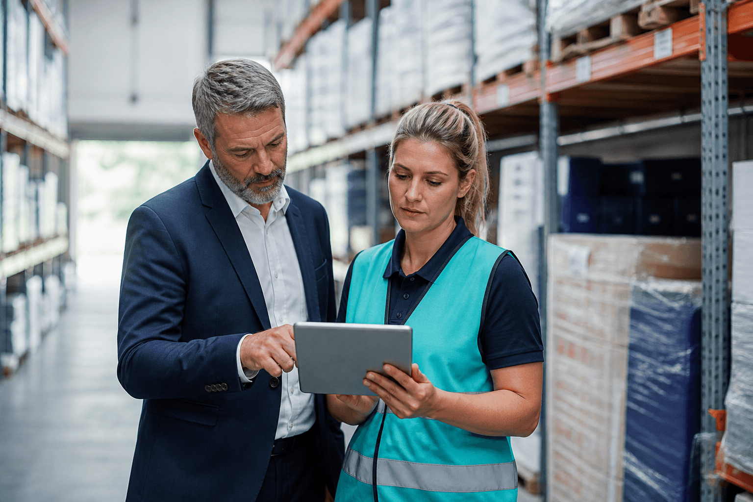 Warehouse manager reviewing inventory on a tablet with a consultant