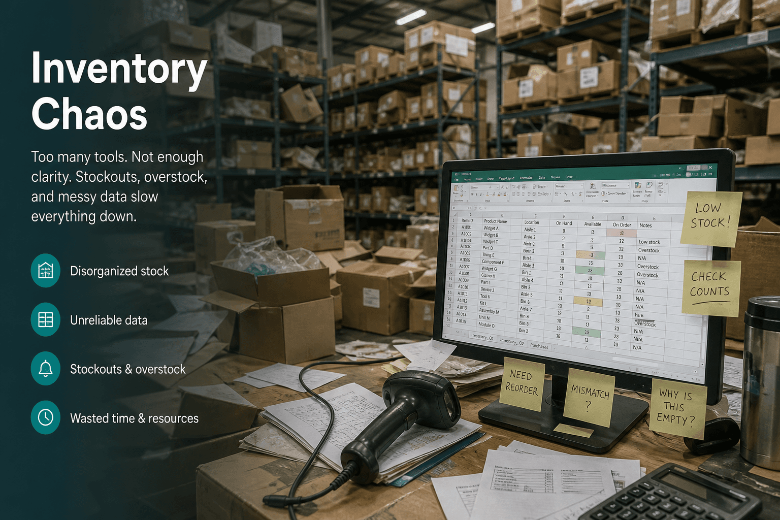 Messy warehouse shelves mismatched with spreadsheet counts