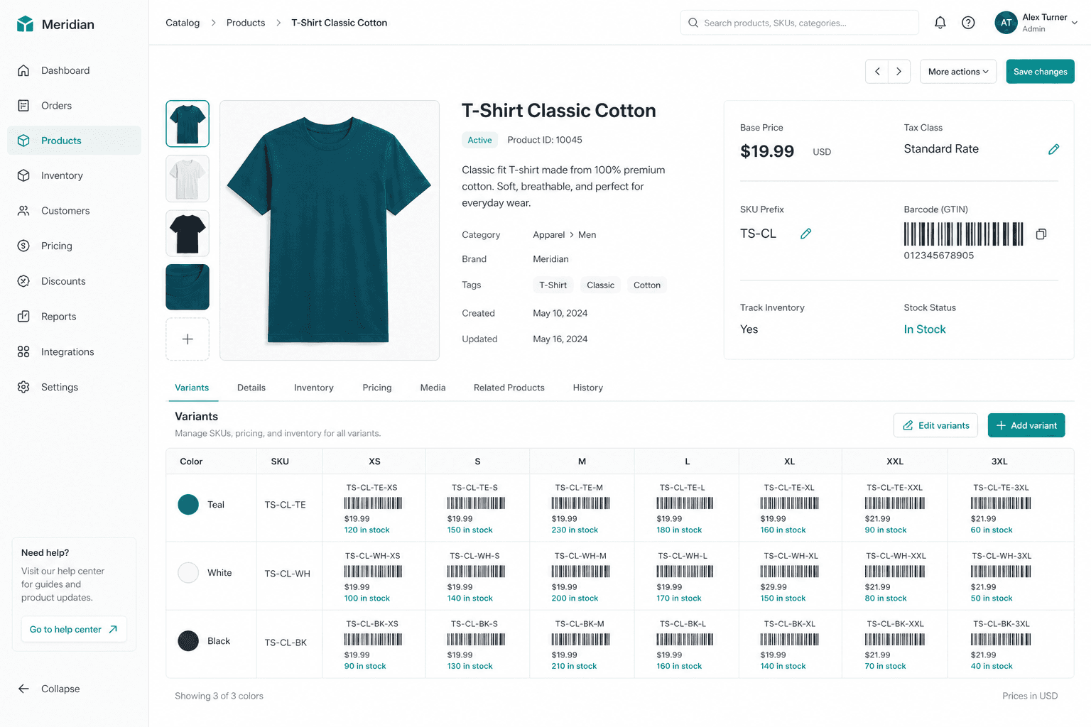 Product catalog with pricing and barcode