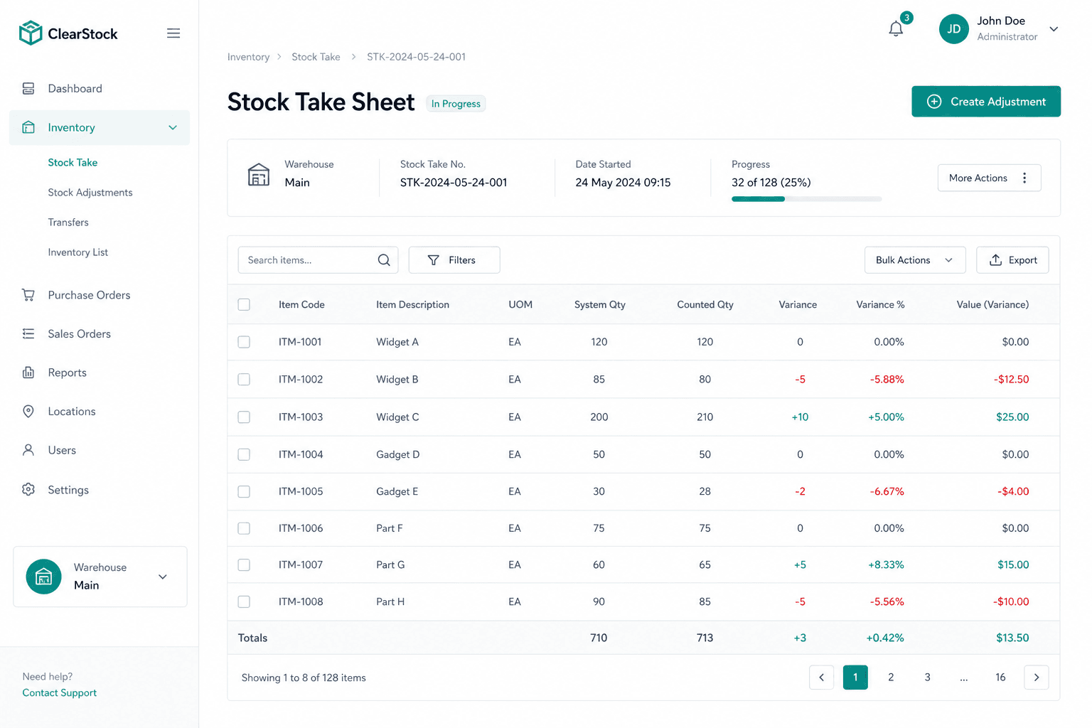 Stock take sheet with variance and adjustment
