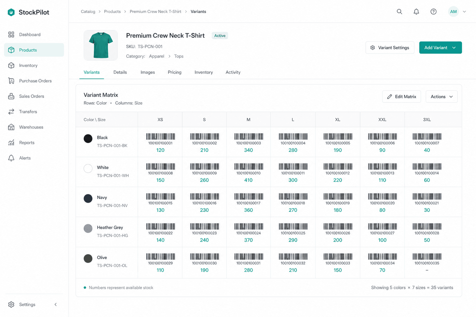 SKU variant matrix by color and size