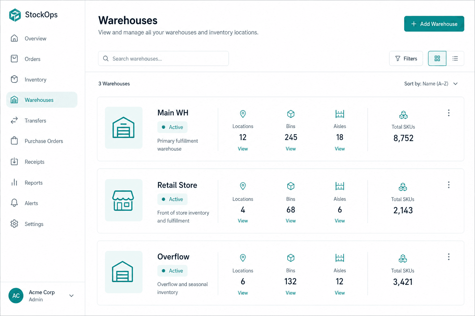 Warehouse list with locations and SKU counts