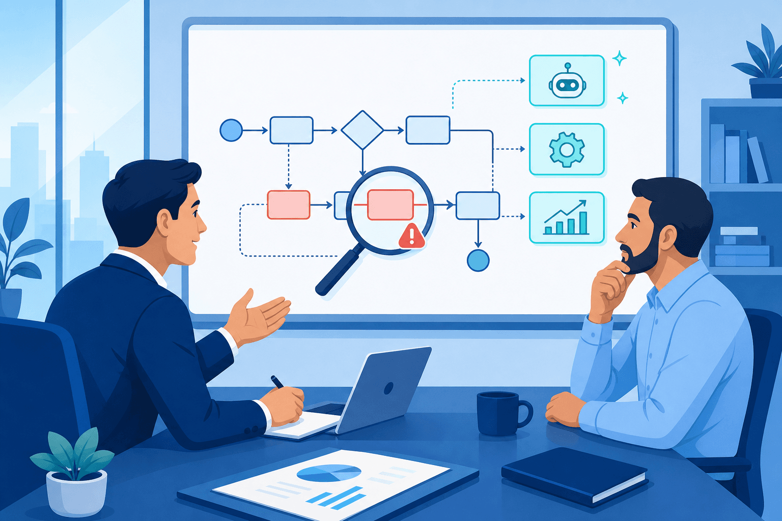 Consultant diagnosing business workflows for automation